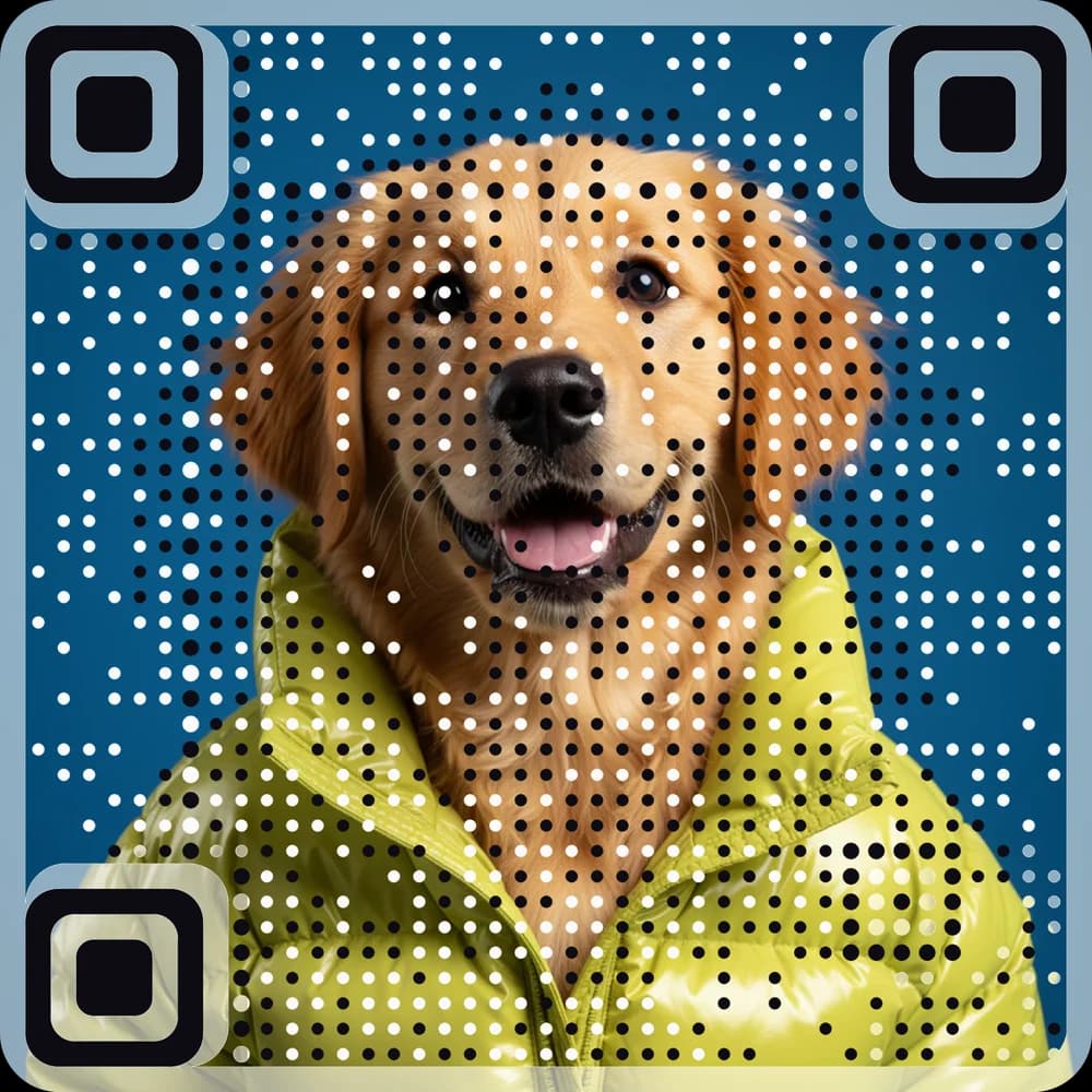 A golden retriever in a lime jacket that is also a working QR code, made with AriaQR
