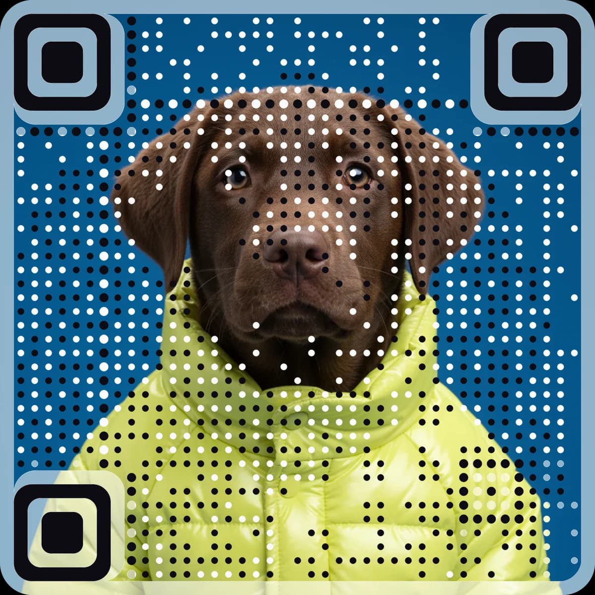 A chocolate Labrador puppy in a lime jacket that is also a working QR code, made with AriaQR