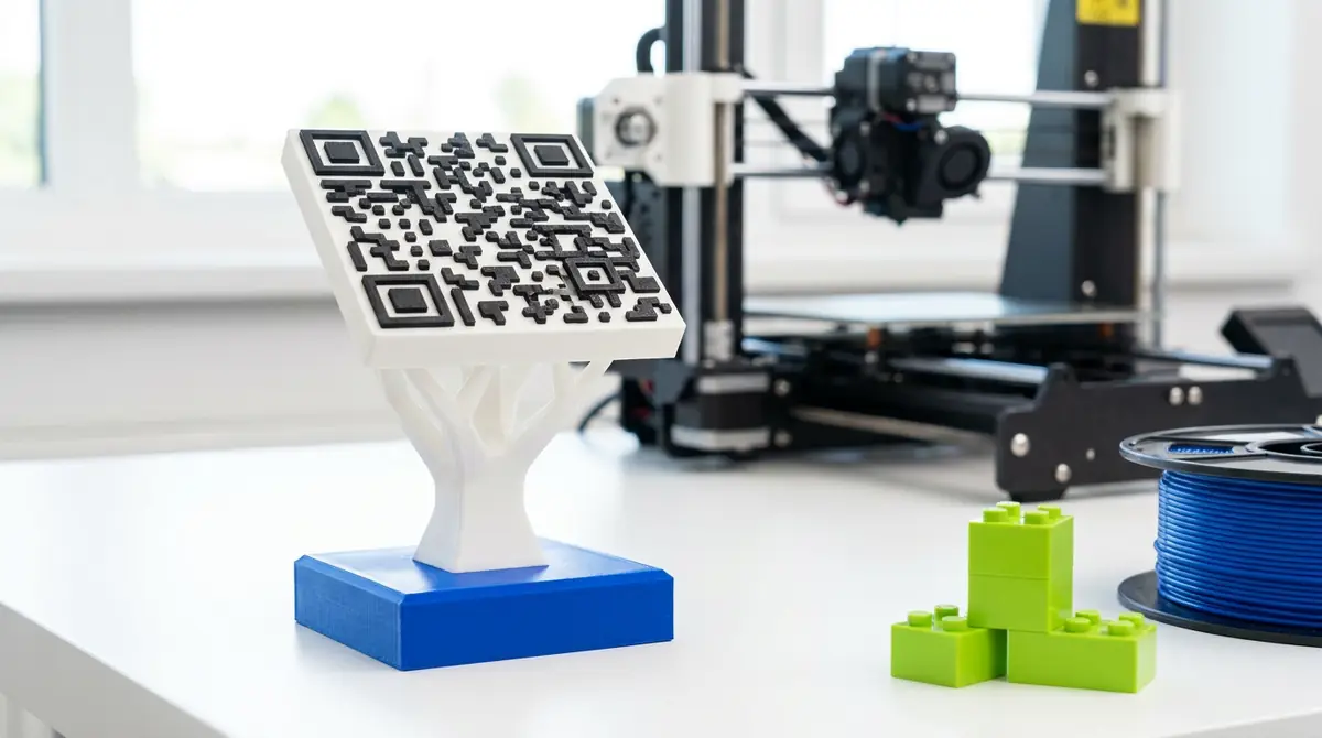 A 3D-printed tree sculpture with a QR code on top standing on a blue base next to lime building bricks