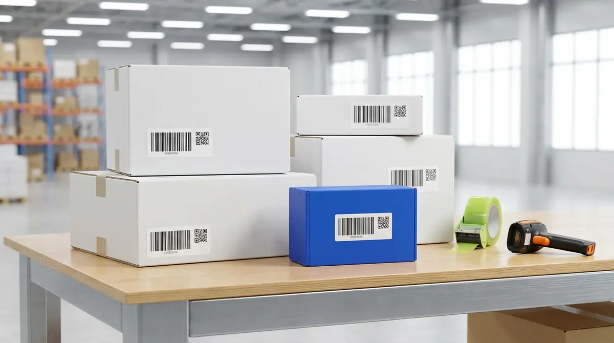 White shipping boxes and a blue product box with barcode labels on a packing table beside a handheld scanner