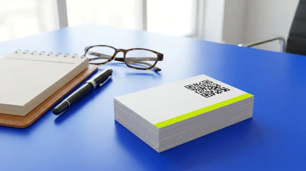 A stack of white business cards with a QR code and a lime stripe on a cobalt desk with a pen and glasses