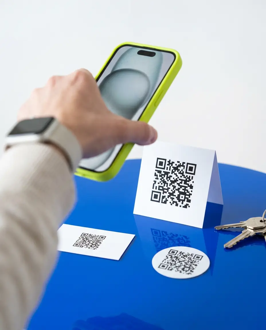 A phone in a lime case scanning a QR code table card on a cobalt blue table, with a QR business card and sticker beside it