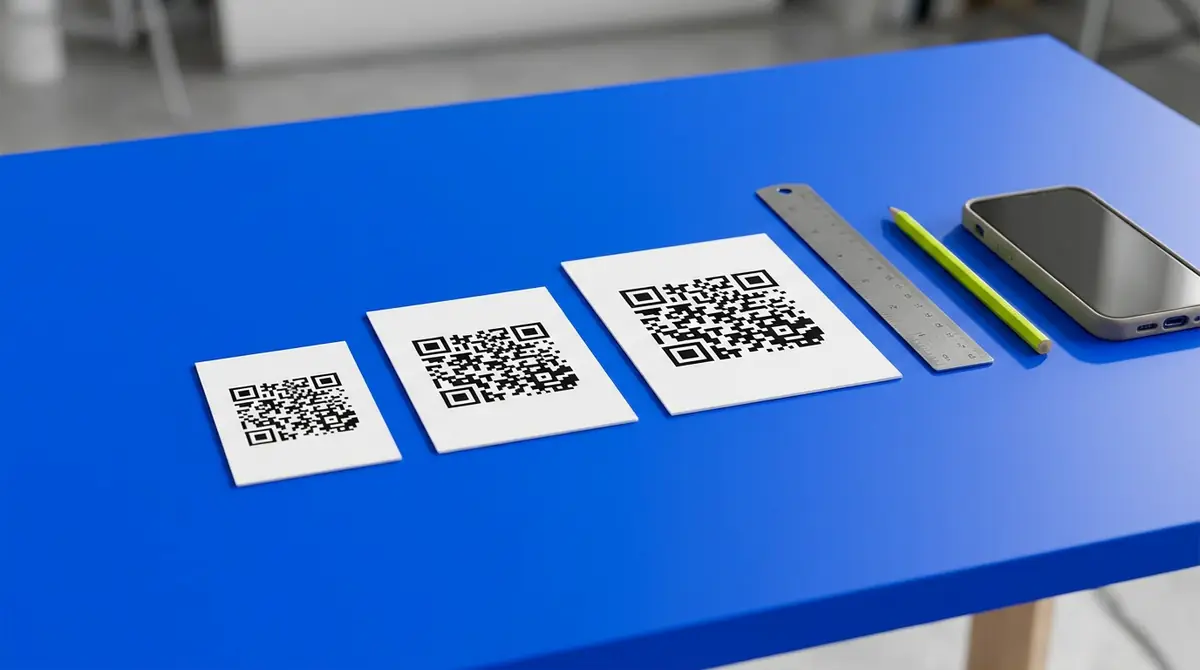 The same QR code printed at three sizes on a cobalt desk beside a ruler, a lime pencil and a phone