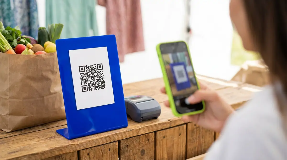 A cobalt blue pay stand with a QR code on a market stall while a phone in a lime case scans it