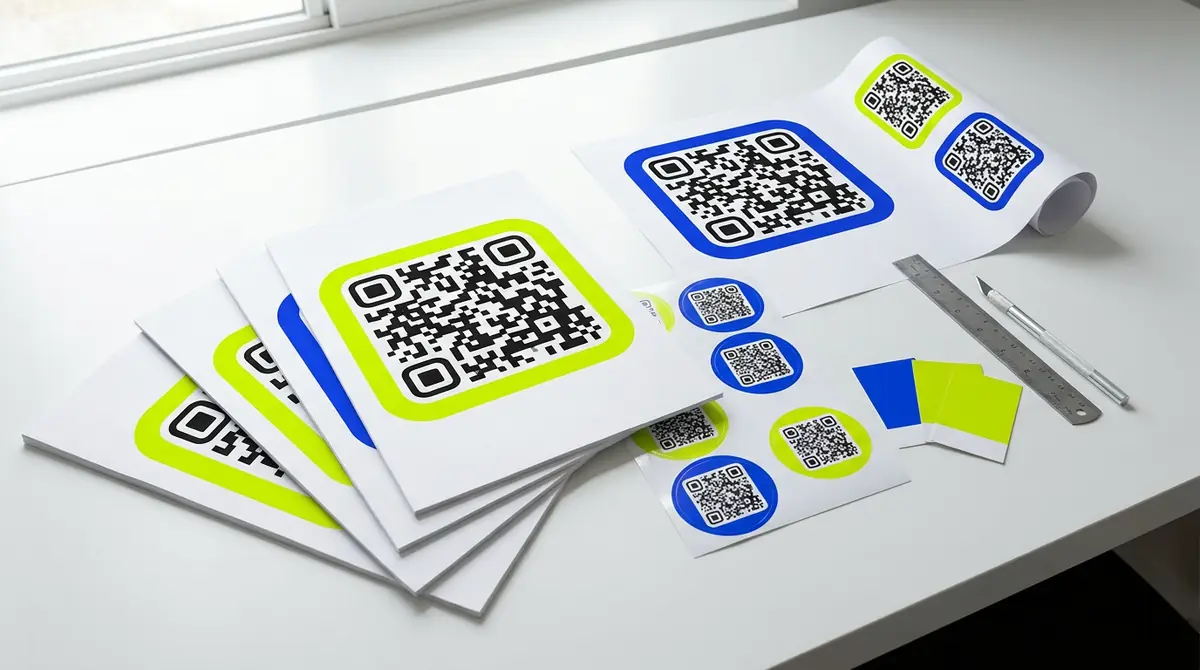 Printed flyers with QR codes in lime and cobalt frames fanned out on a white desk with a ruler and a knife
