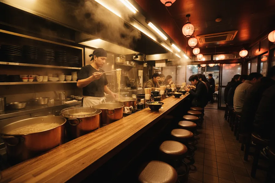 The ramen counter at night