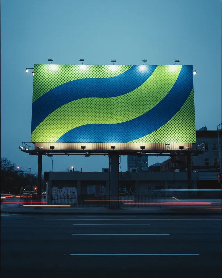 A roadside billboard at dusk